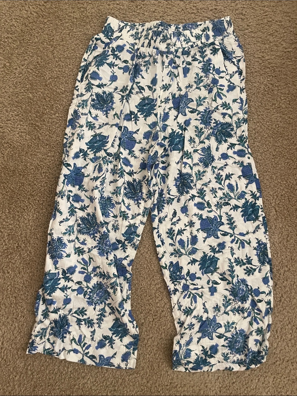 Nicole Miller White Pants with Blue Floral Print - Women Casual Bottoms